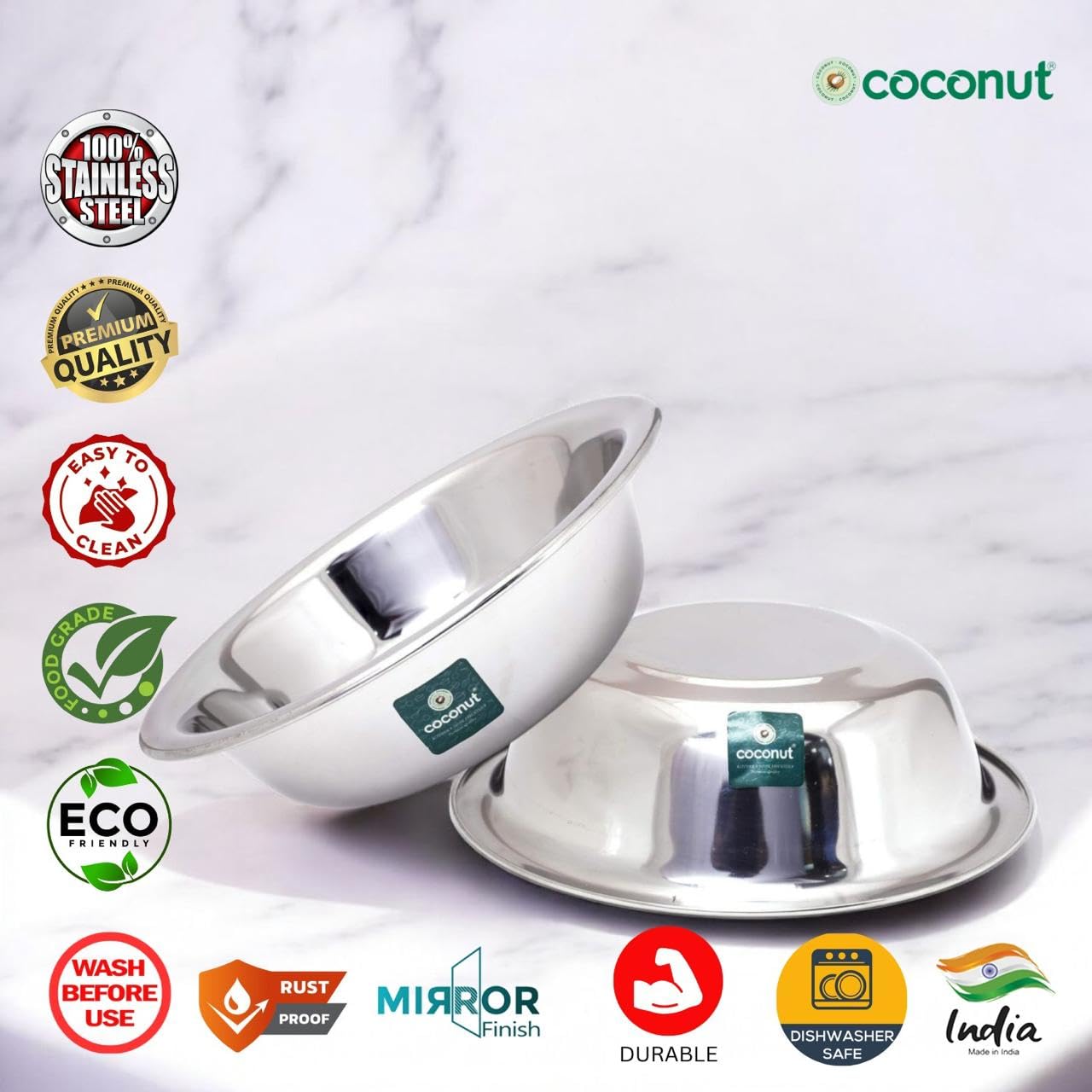 coconut Stainless Steel Basin 22Guage /Multipurpose Bowl    -1 Unit - Diameter - 26 Cm - Image 2 thumbnail