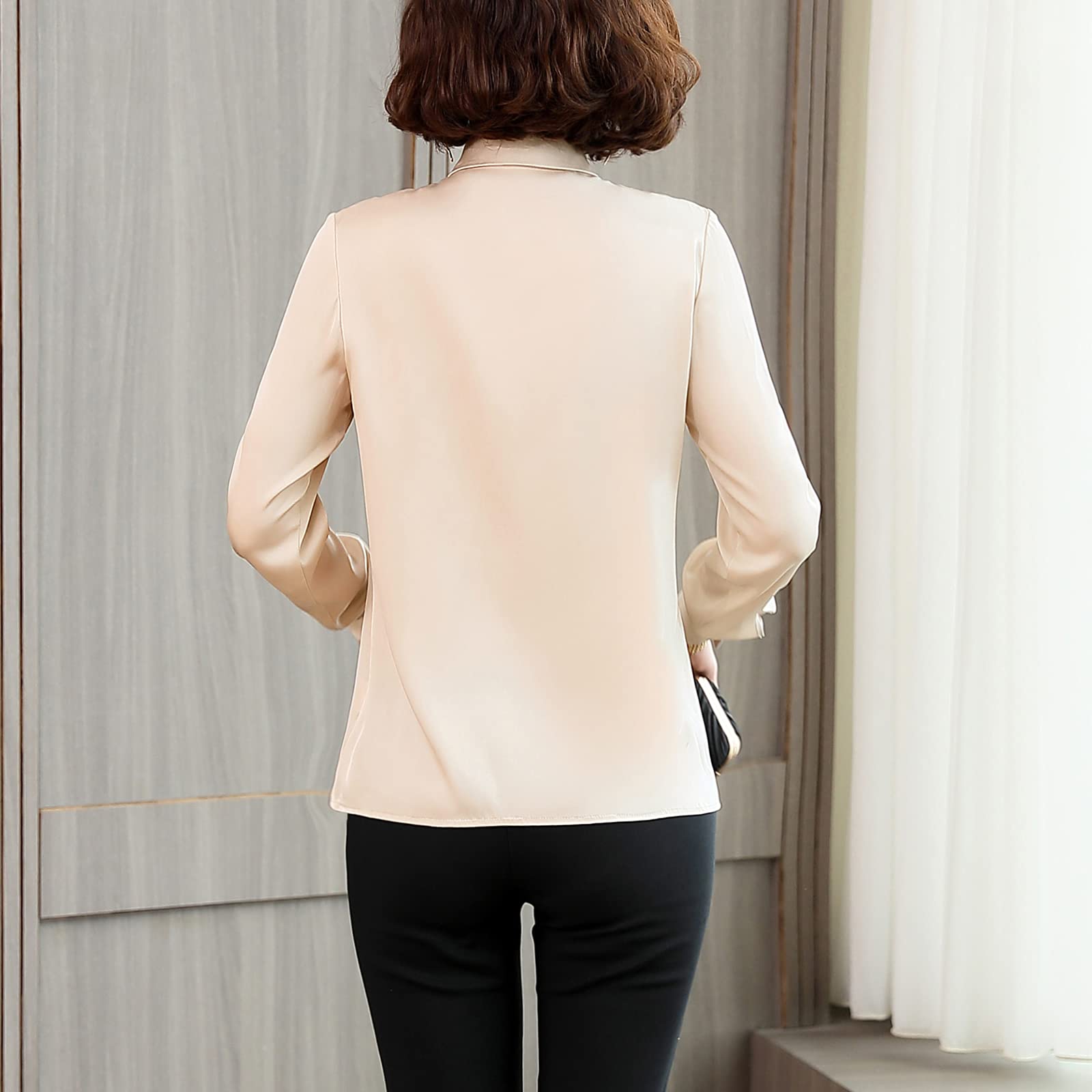 Valin Blusa de seda para mujer, camisa de seda sólida, camisa de mujer, blusa de manga larga con solapa, blusa de seda, S1903