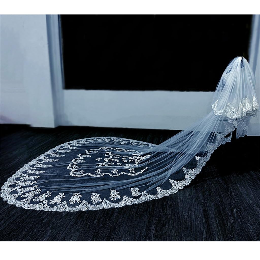 Stile Europeo di Copertura del Velo da Sposa con Coda Lunga in Pizzo e Accessori per Copricapo