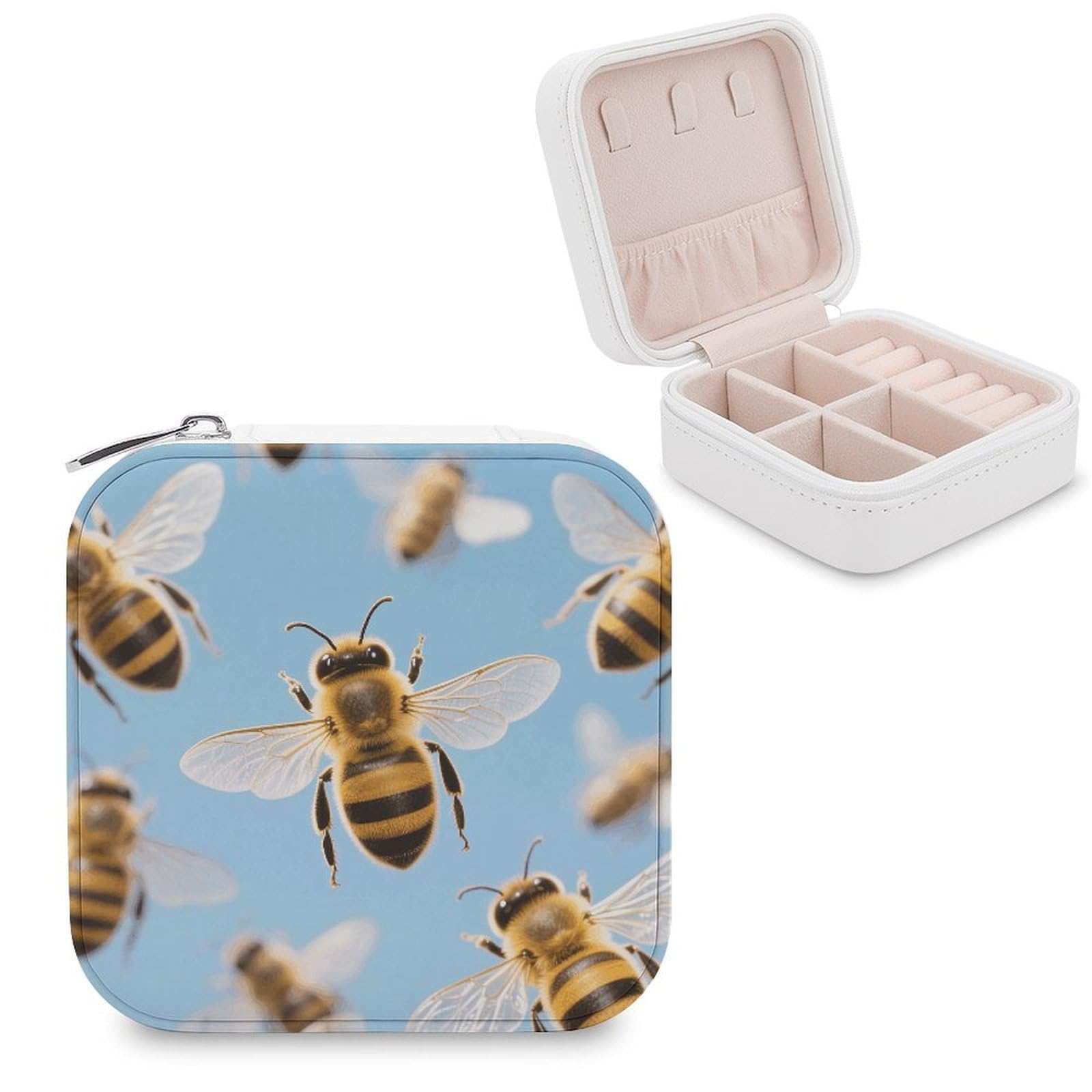 VstaDank Bee Pattern Jewelry Organizer Travel Case for Women With Zipper Mini Jewelry Case PU Leather Jewelrys Box for Rings Necklaces Bracelets Earring Holder Organizer Storage
