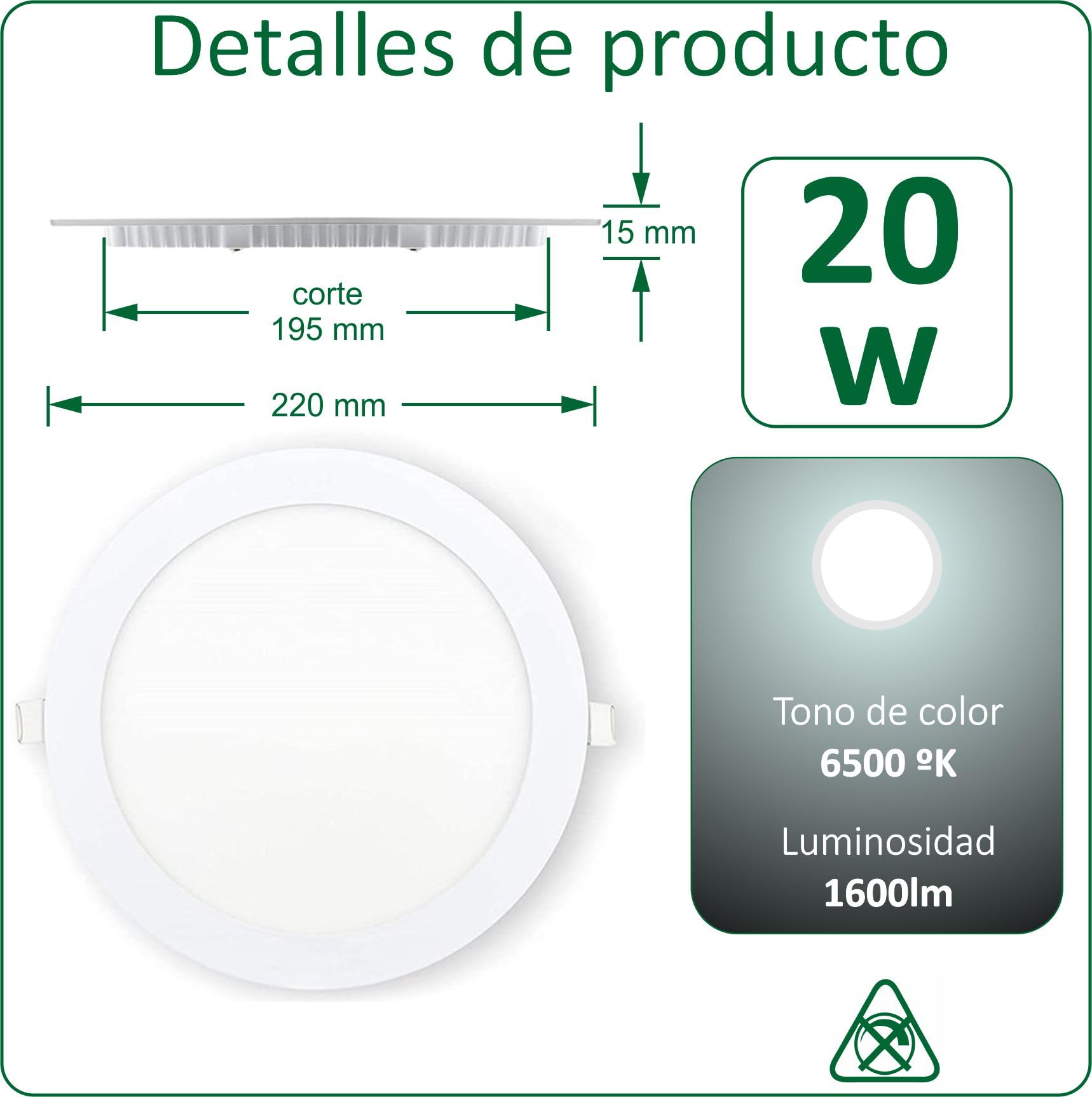VZLED - Downlight LED 20W empotrar redondo, Plafón techo led redondo extraplano, Plafón cocina LED, Lámpara techo, Luz blanco frío 6500K (Pack 10)