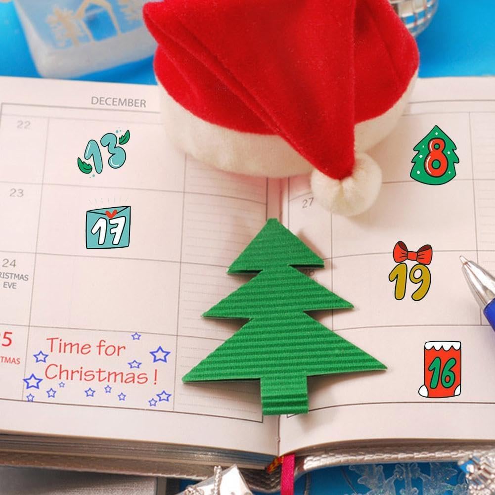 Autocollants Numérotés Pour Calendrier De L'Avent DIY - 24 Stickers De Noël (Père Noël, Sapin, Bonhomme De Neige...) Pour Décorer Fenêtres, Cartes, Bouteilles