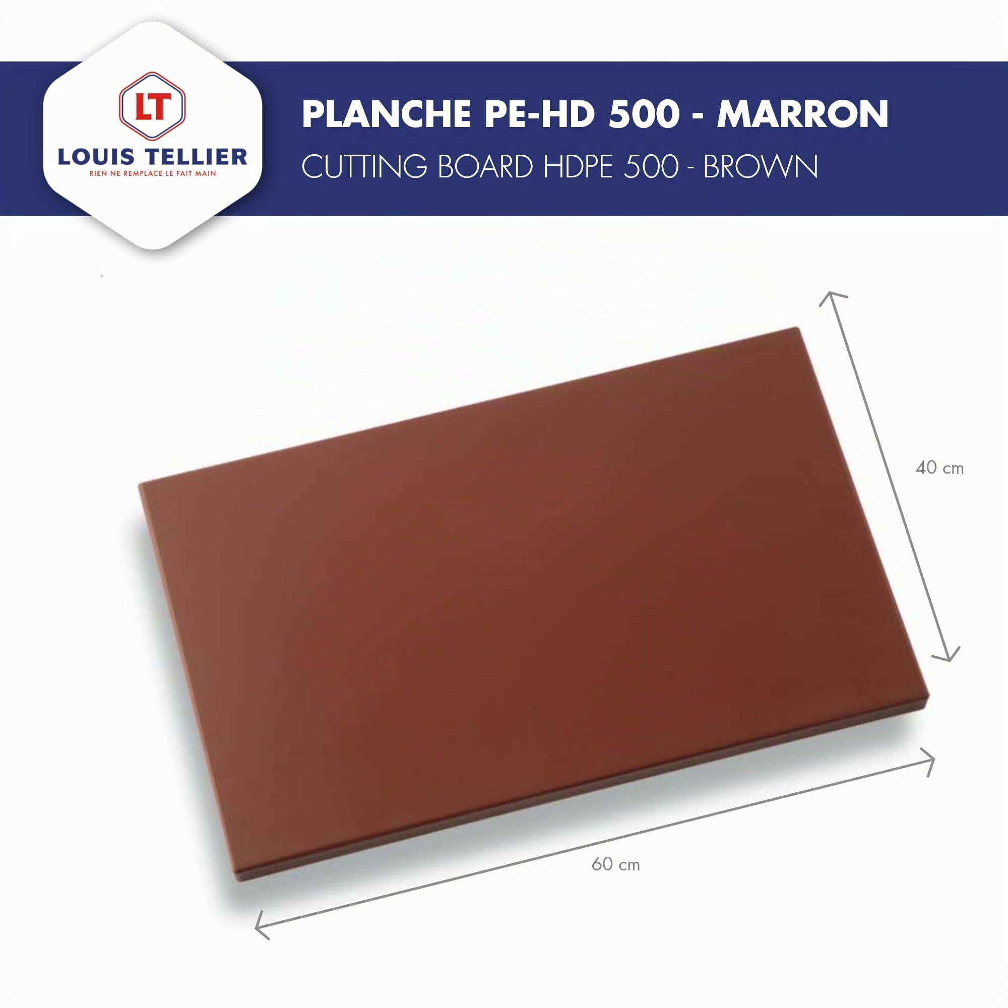 Louis Tellier - Planche à découper marron - 60x40cm, PE HD 500, 2cm | Code HACCP : légumes cuits, plats cuisinés ; épaisseur 2cm, PE HD 500, préserve le fil ; lave-vaisselle, hygiène pro