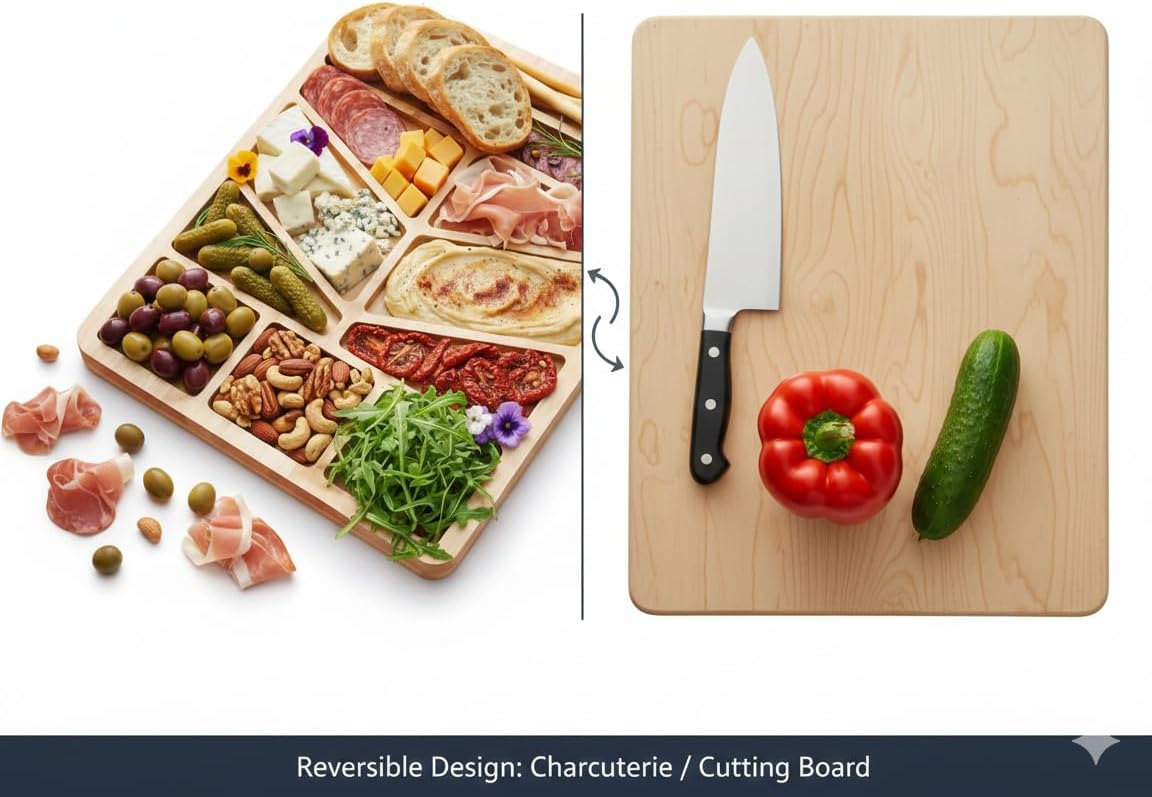 Reversible Wooden Charcuterie Board with Engraved Labels by RUCULA, Large 2 in 1 Cheese Board with Smooth Cutting Side, Serving Snacks Tray; Natural Gift-Ready Box; Kitchen Housewarming Gift 17x12