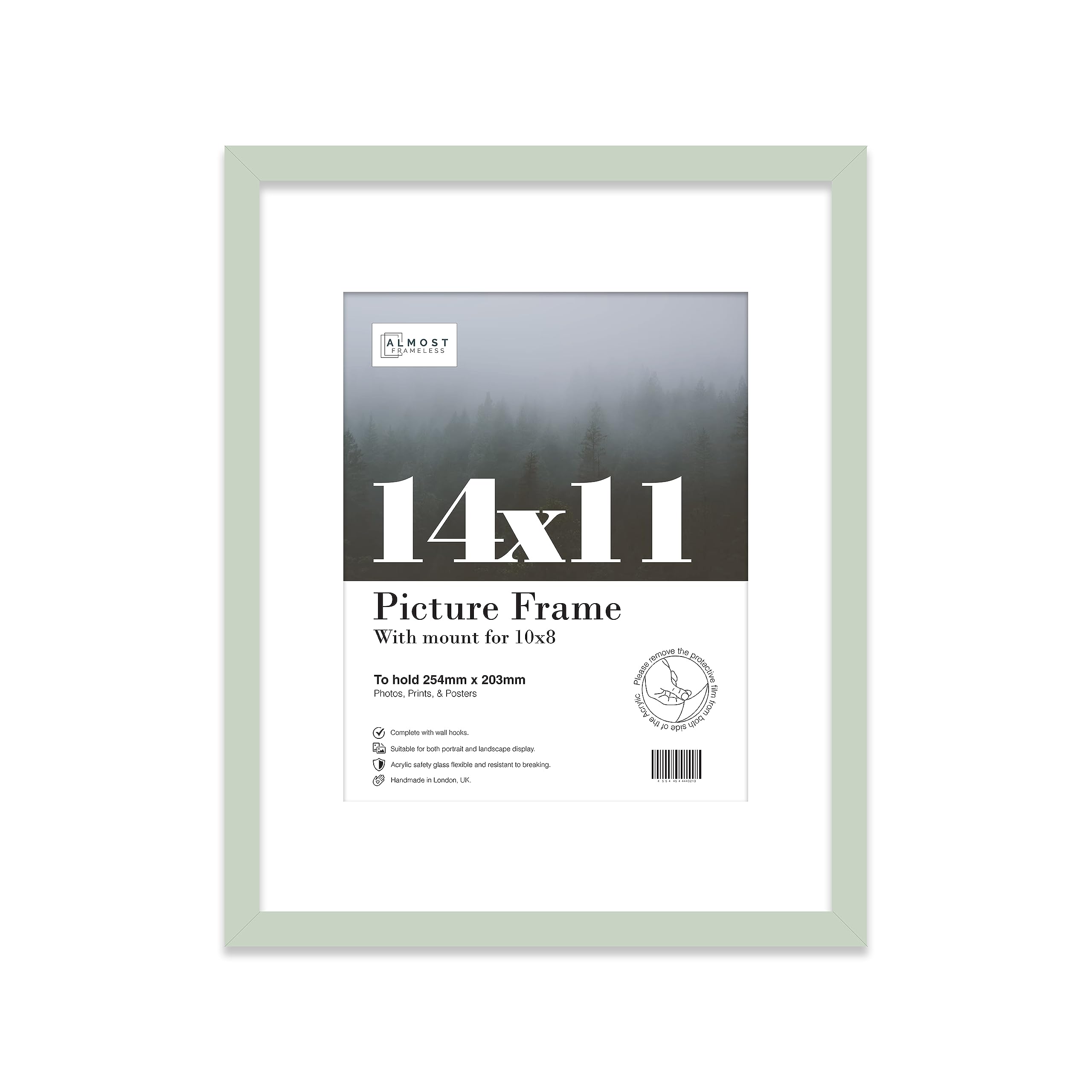 Almost Frameless 14x11 Mint Picture Frame With Mount for 10x8 Print, Poster or Photo Poster, Photo, Artwork, or Print. Thin Edge Slim Frame Portrait and Landscape Display with Wall Hooks