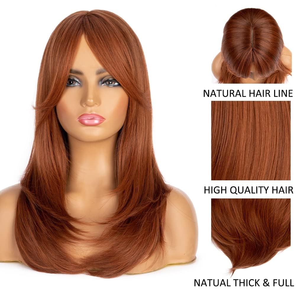 Layered Auburn Wigs Human Hair with Bangs for Women, Long Straight Copper Brown Style, Heat-Resistant, Tangle-Free, Ideal for Daily Wear and Cosplay (Orange,28 Inch) - Image 4