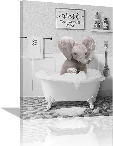 Divertido arte de pared de elefante para baño, fotos de elefante para bañera, decoración de pared de animales en blanco y negro, letrero de baño,