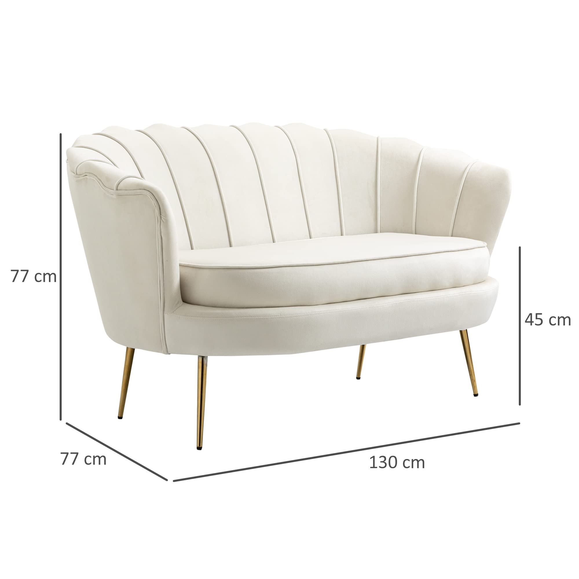HOMCOM Divanetto 2 Posti in Tessuto Effetto Velluto, Piccolo Divanetto Vintage con Braccioli, Moderno, Seduta Imbottita per Camera da Letto e Soggiorno, 130x77x77cm, Bianco
