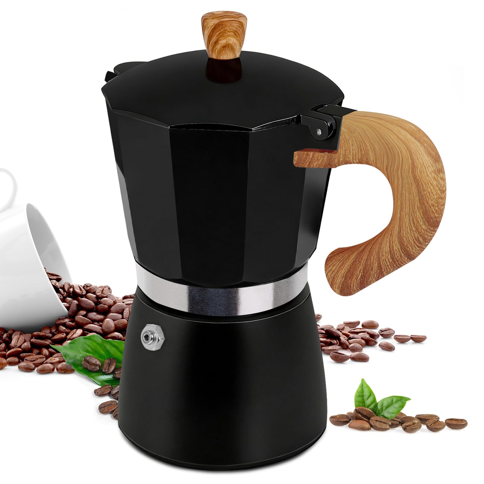 Supvision Moka Pot Aluminum Italian Coffee Maker Stovetop Espresso CoffeeMakers Mocha Pot Percolator for Electric Ceramic Stove Classic Greca Cafe Makers Portable for Easy Brewing (Black, 9 Cup)