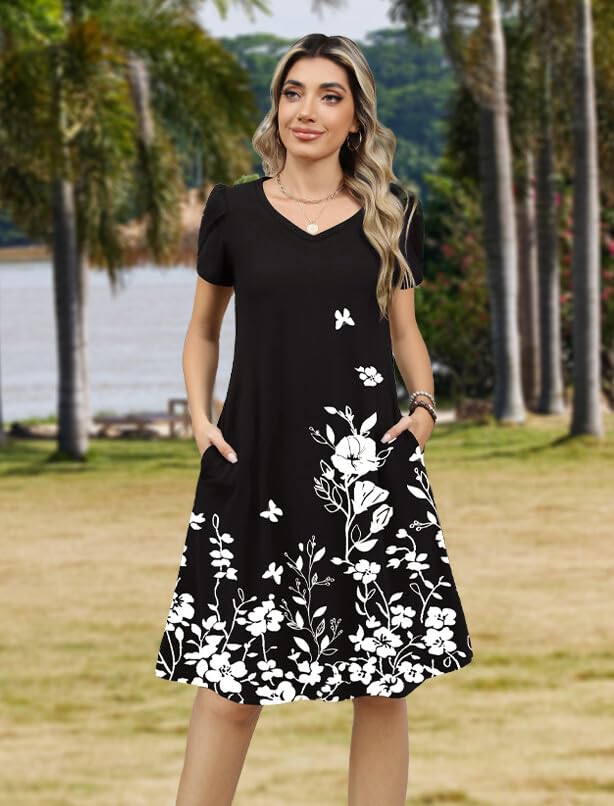 Image of Zeagoo Womens Summer A-Line Dress with Pockets Mini Short Sleeve Dresses Flowy Beach Swing Dress 2026 Vacation Travel