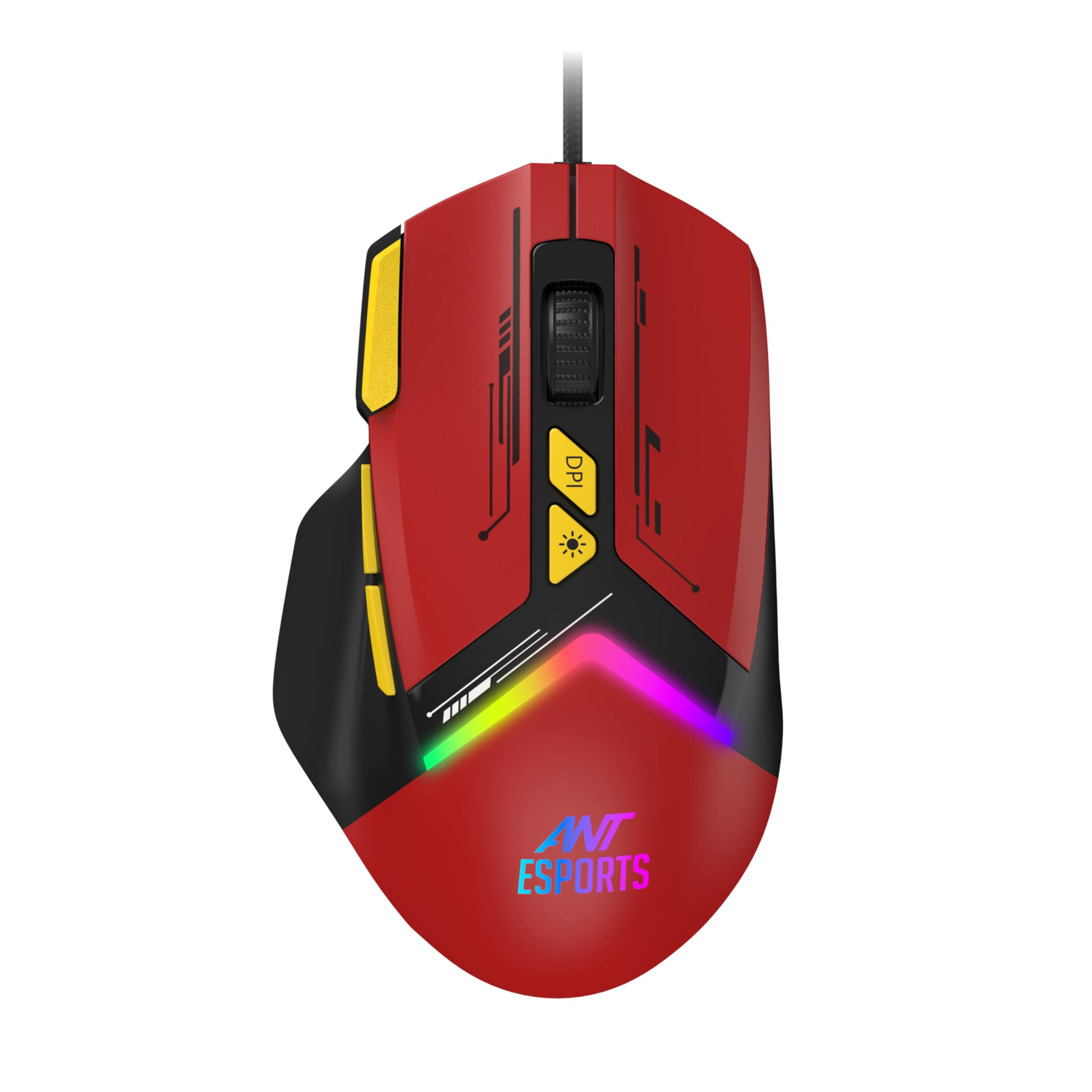Ant Esports GM333 RGB Wired High End Optical Ergonomic Gaming Mouse with 12800 DPI 1.5M Braided Cable Comes with Latest Inbuilt Software Huano Switches with Rubber Coated Top Cover - Black/Red/Yellow