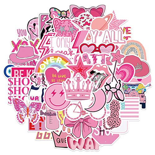 Pink Preppy Style Stickers 50pcs Valentines Day Gifts Pink Girl Laptop Computer Bedroom Wardrobe Car Skateboard Motorcycle Bicycle Mobile Phone Luggage Guitar DIY Decal For Students Teens Girl (Pink Preppy Style)