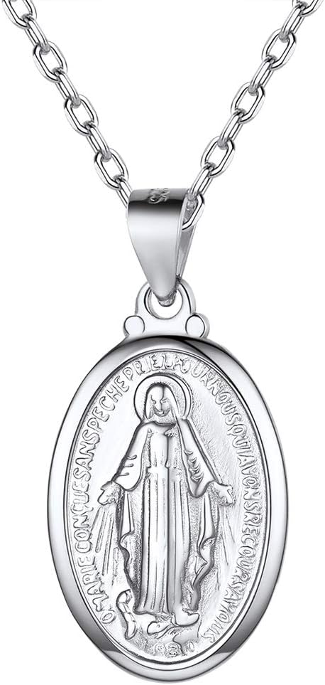 Suplight 925 Stelring Silver Virgin Mary Necklace Christian Jewelry Oval Medallion Medal Pendant Necklaces (with Gift Box)