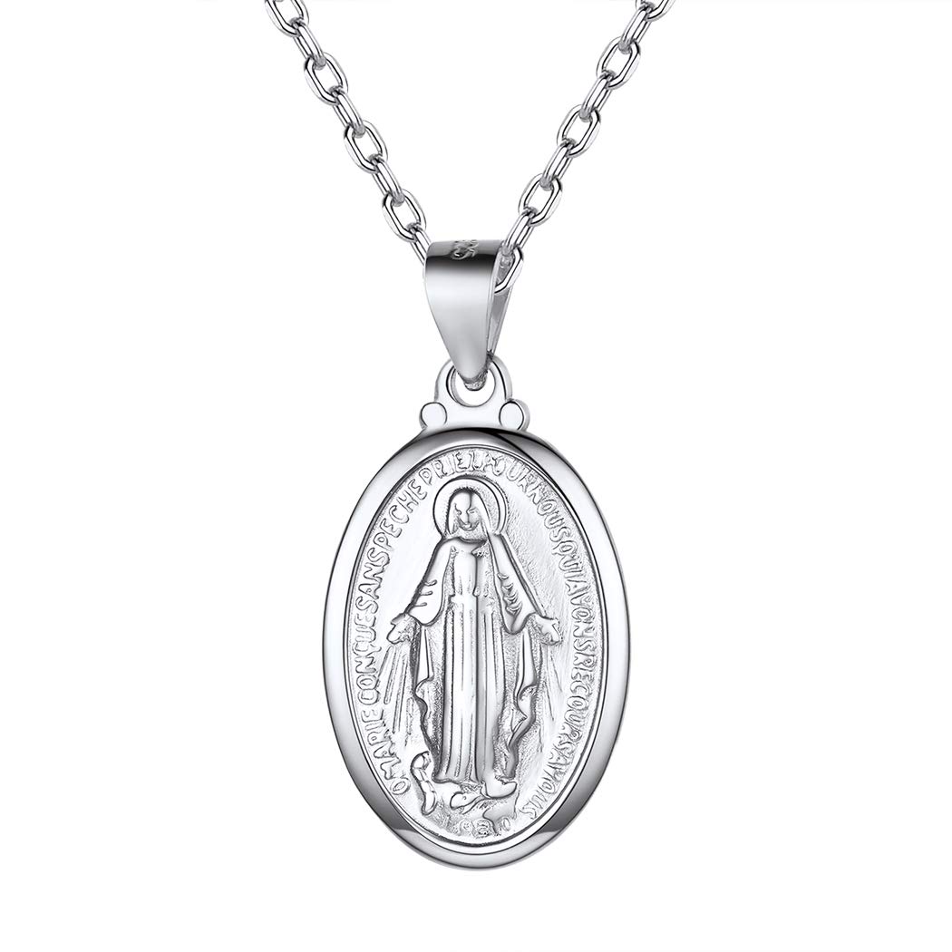 SuplightSuplight 925 Stelring Silver Virgin Mary Necklace Christian Jewelry Oval Medallion Medal Pendant Necklaces (with Gift Box)