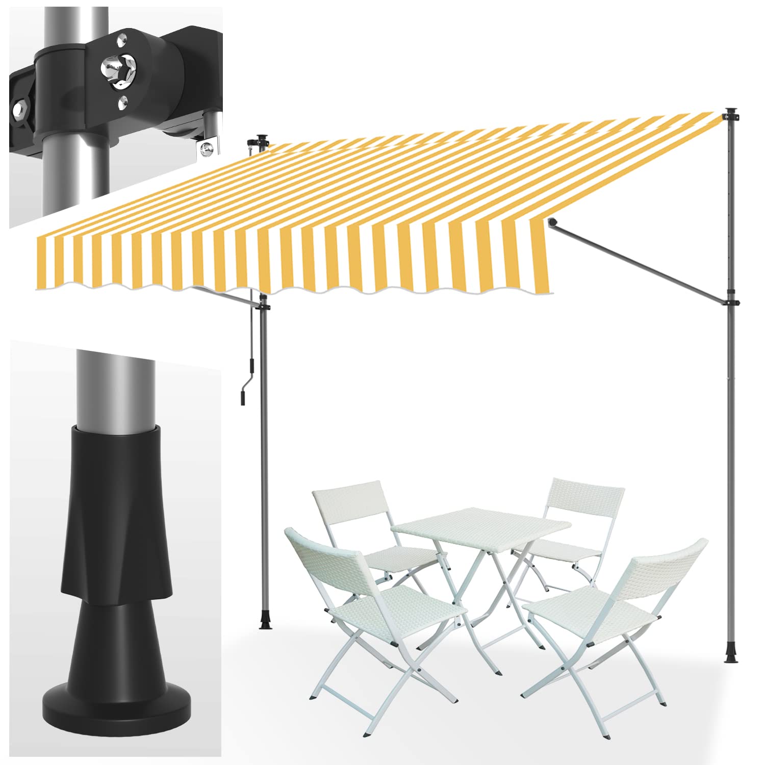 Klemmmarkise 300x120cm Gelbweiß mit Handkurbel Balkon, Joparri Balkonmarkise ohne Bohren, Markise UV-beständig & höhenverstellbar 211.5-305cm, Sonnenschutz wasserdicht