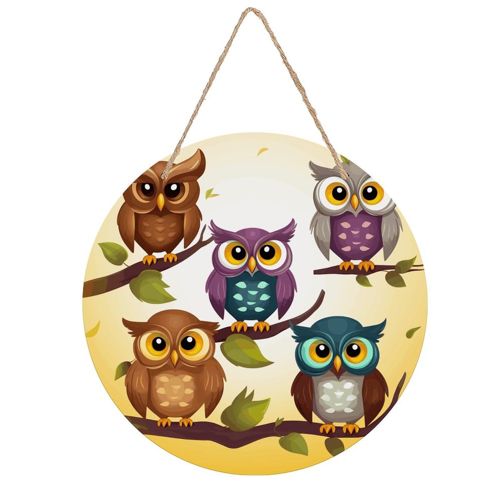 VstaDank Owls Birds Wall Art Decor with Ropes Wooden Hanging Sign Hanging Wall Decor Artwork Round Wood Painting Modern Wall Prints Decor Picture for Office Bar Home Decors