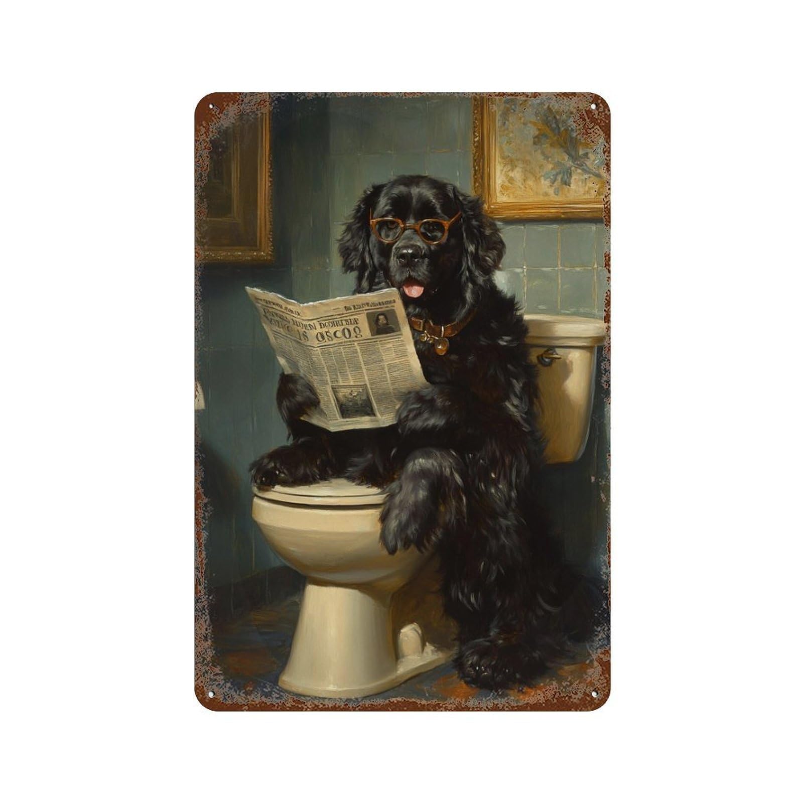 Rust Effect Dog Reading Newspaper on Toilet-47 Rusty Metal Tin Sign 11.8"x7.9", Farmhouse Wall Decor for Cafe, Home Bar And Lounge Decor