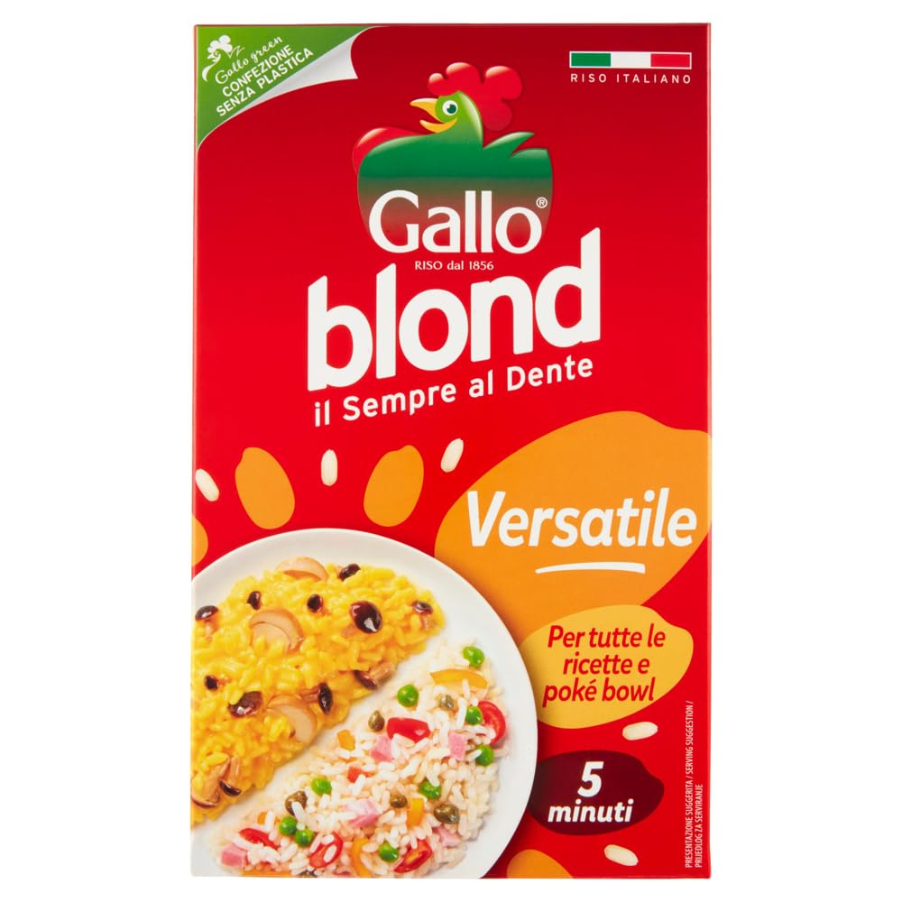 Italian Gourmet Riso Blond versatile riso italiano 9 x 1 kg, tiempo de cocción 5 min. | Pronto in pochi minuti, granulado y ligero, se adapta a ensaladas, guarniciones, peso neto total 9 kg + Polpa 400 g