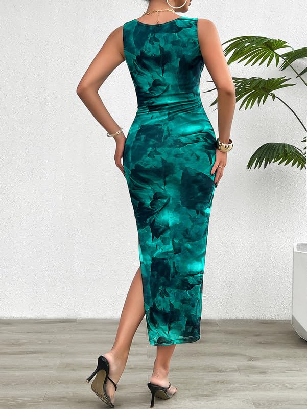 Vestito Donna Elegante Maxi Abiti Senza Maniche Collo Rotondo Abito Lungo Sexy Stampa Floreale Aderente Vestiti della Sera e Cerimonia Estiva Abito Bodycon Tubino per Feste Cocktail Nozze