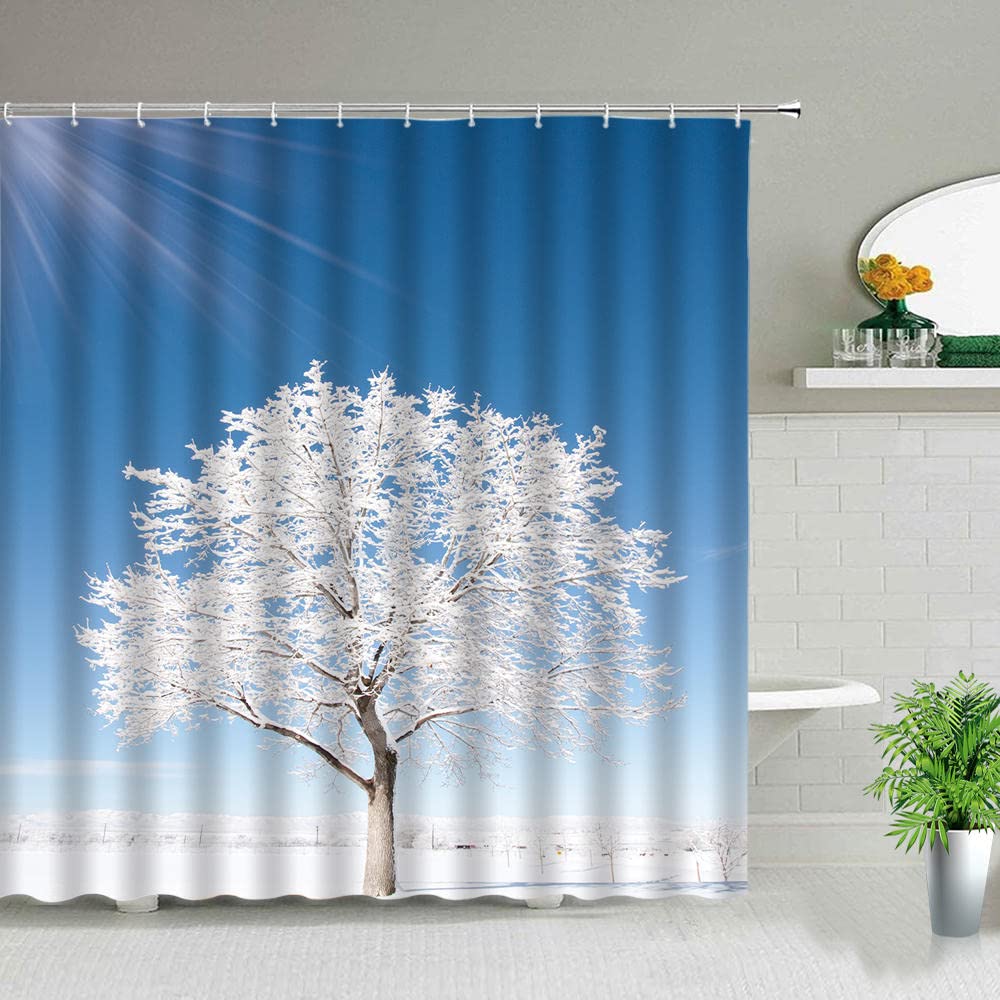 Tenda da doccia con foresta innevata, decorazione invernale