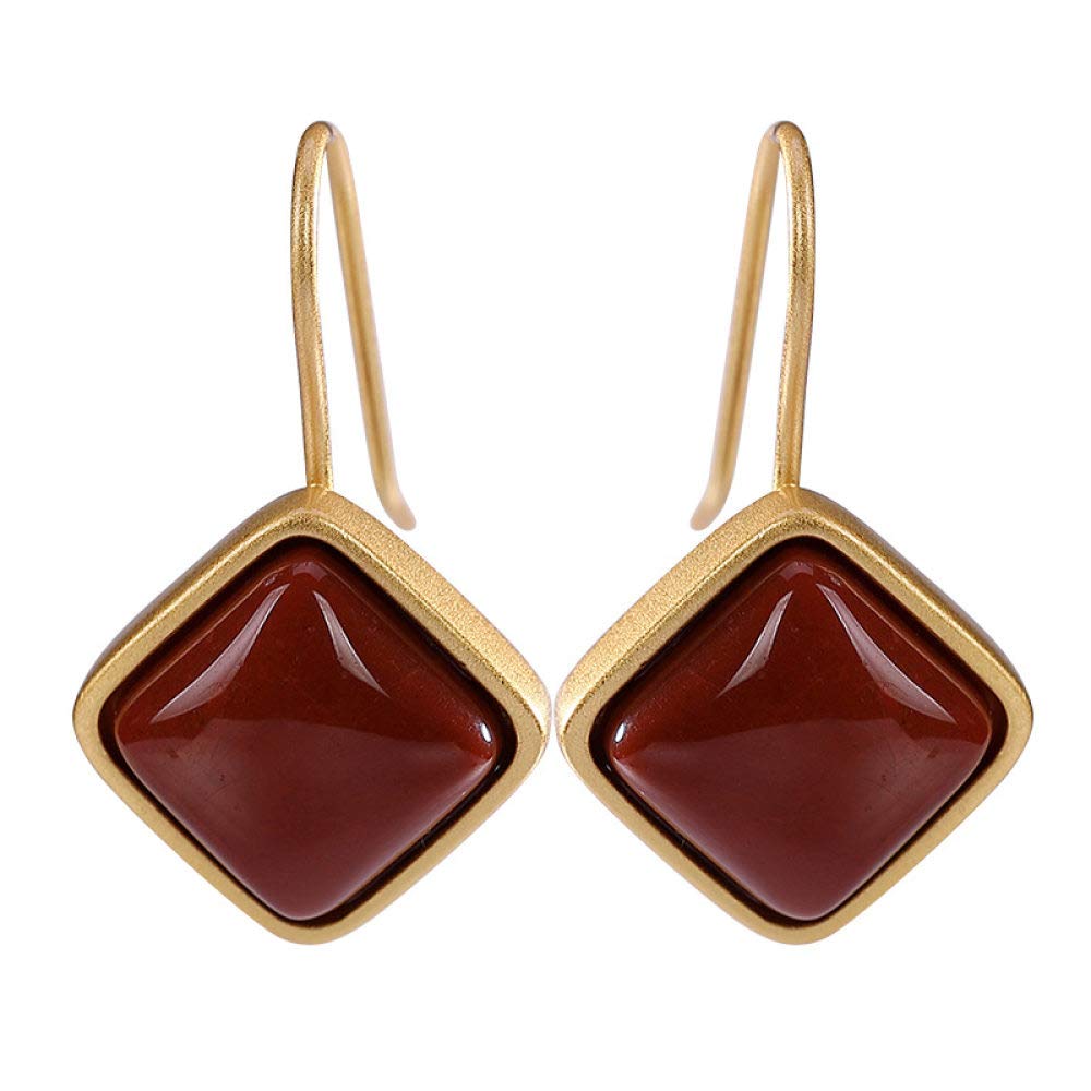 Vintage Largo Aretes De Plata Esterlina S925 Mujeres Chapado En Oro Geometría Ágata Roja Encanto Elegante De Estilo Chino De Gama Alta De Temperamento Temperamento Don
