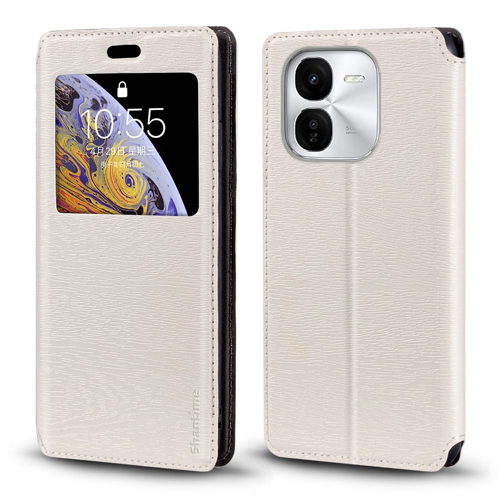 for Vivo iQOO Z9X 5G i2219 V2353A V2353DA Case, Wood Grain Leather Case with Card Holder and Window, Magnetic Flip Cover for Vivo iQOO Z9X 5G i2219 V2353A V2353DA (6.72”), White