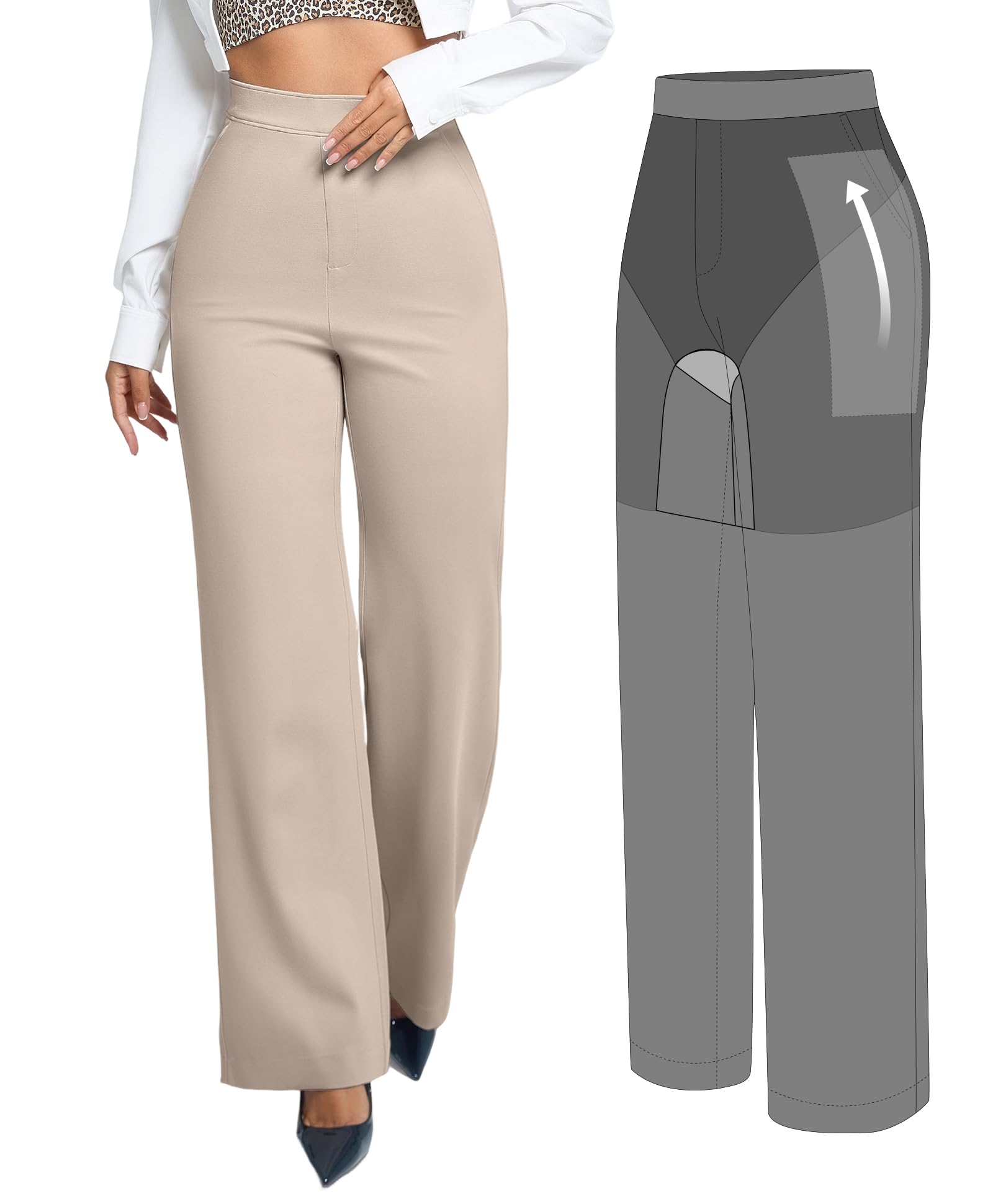 BRXL 2 in 1 Dress Pants for Women Work Tummy Control Shapewear Wide Leg Winkle Free Business Casual