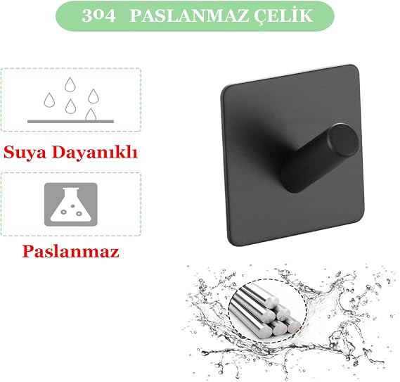 Kendinden Yapışkanlı Askılık - 5'li Paket, Ağır Hizmet, Duvar Kancaları, Su Geçirmez Paslanmaz Çelik Askılıklar Ceket, Havlu, Bornoz Askılık Duvara Montaj, Banyo Mutfak Garaj Ev Otel Ofis Dolabı ve Yatak Odası Askıları 3M Bantlı, SİYAH 02