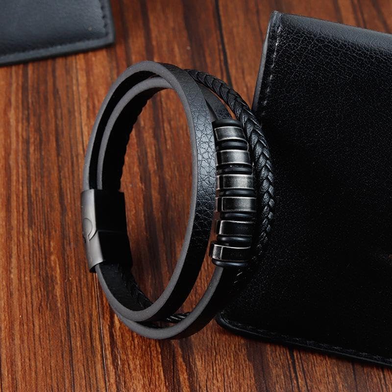 Image of THE MEN THING Leather Bracelet for Men - American Style Genuine Leather Multi-Layer Braided Bracelet with 100% Stainless Steel Magnetic Buckle for Men & Boys (8 inch)