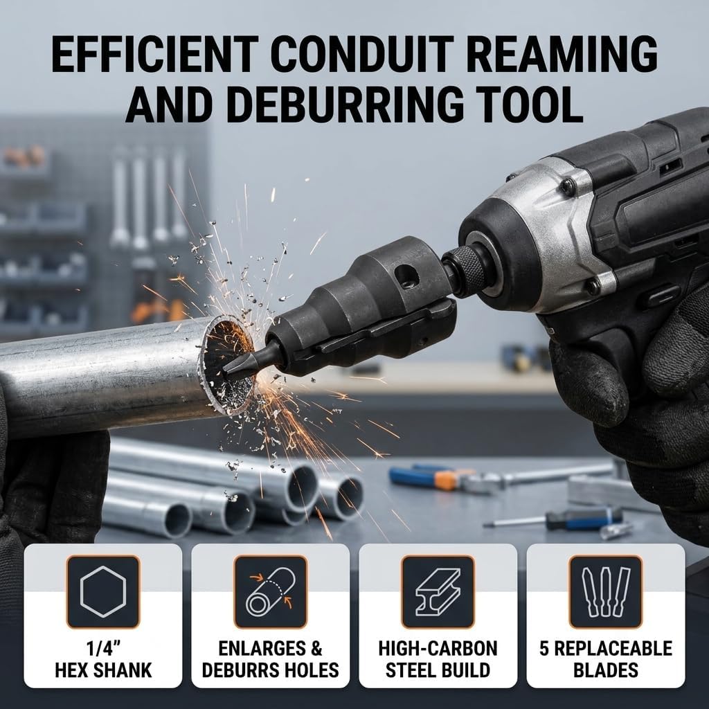 Power Conduit Reaming Tool Kit 1/4 Inch Shank Pipe Reamer with 5 Replacement Blades for Electrical Metal Conduits