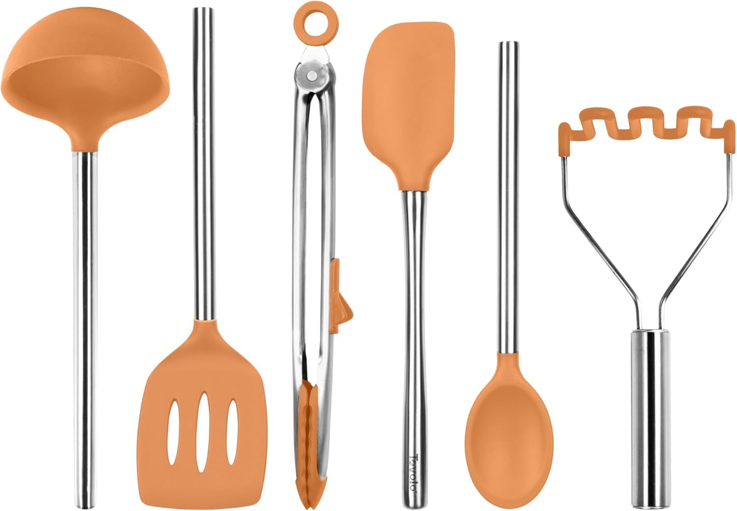 Tovolo Silicone Cooking Utensil Set of 6 Stainless Steel Handle Ladle Slotted Turner Tongs Flex Core Spatula Scraper Mixing Spoon &amp; Potato Masher, Dishwasher Safe BPA Free Utensils, Apricot Orange