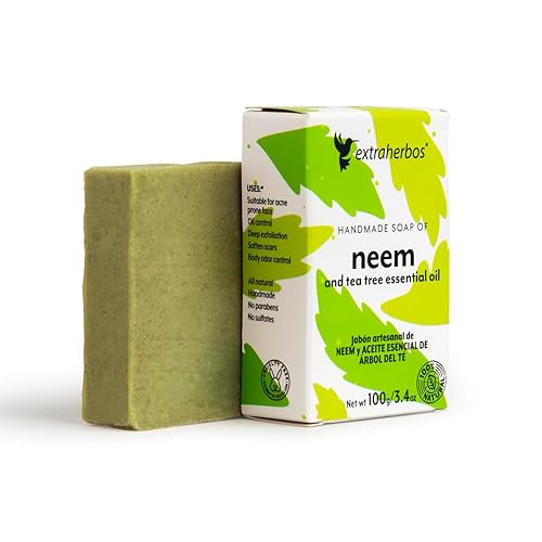 Extraherbos Barra de jabón Neem hecha a mano, natural antiacné para cara y cuerpo con aceite de árbol de té, barra de jabón exfoliante orgánica para