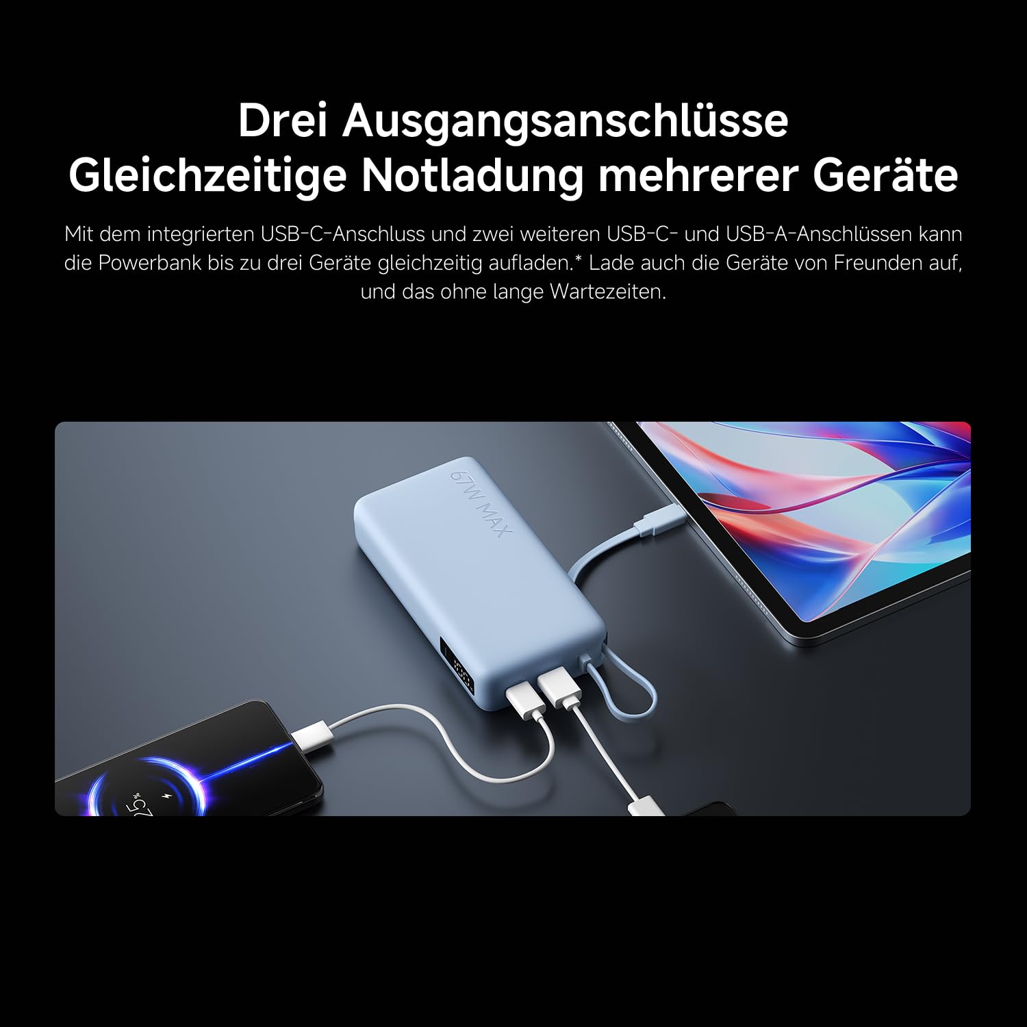 Xiaomi 67W Power Bank 20.000mAh mit USB-C Kabel, Tragbares Ladegerät, Tan | 67W Schnellladen, 20000mAh, integriertes USB-C-Kabel. Zwei-Wege-Schnellladen — lädt 3 Geräte gleichzeitig.