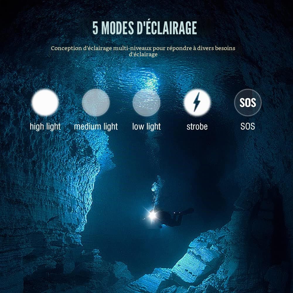 WINDFIRE 5 000 lumens lumière sous-marine, lumière frontale sous-marine, 5 modes lampe frontale sous-marine, IPX8 étanche submersible 60 mètres de sécurité tête de plongé