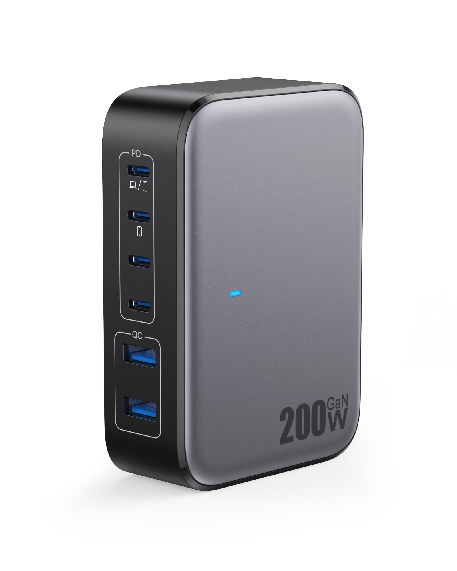 Caricatore USB C da 200 W, blocco di ricarica USB, 6 porte GaN IV pieghevole da parete, hub per stazione di ricarica rapida QC4.0, adattatore per laptop PD 65 W per MacBook Pro/Air, Dell, iPhone 16/15
