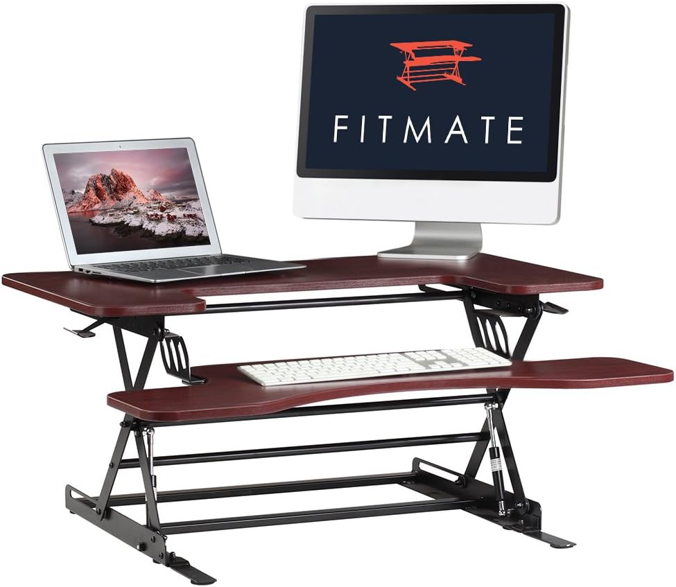 Fitmate Standing Desk - 36" Height Adjustable Stand Up Desk Computer Riser, Sit Stand Desk Elevating Desktop Fits Two Monitors (Cherry)