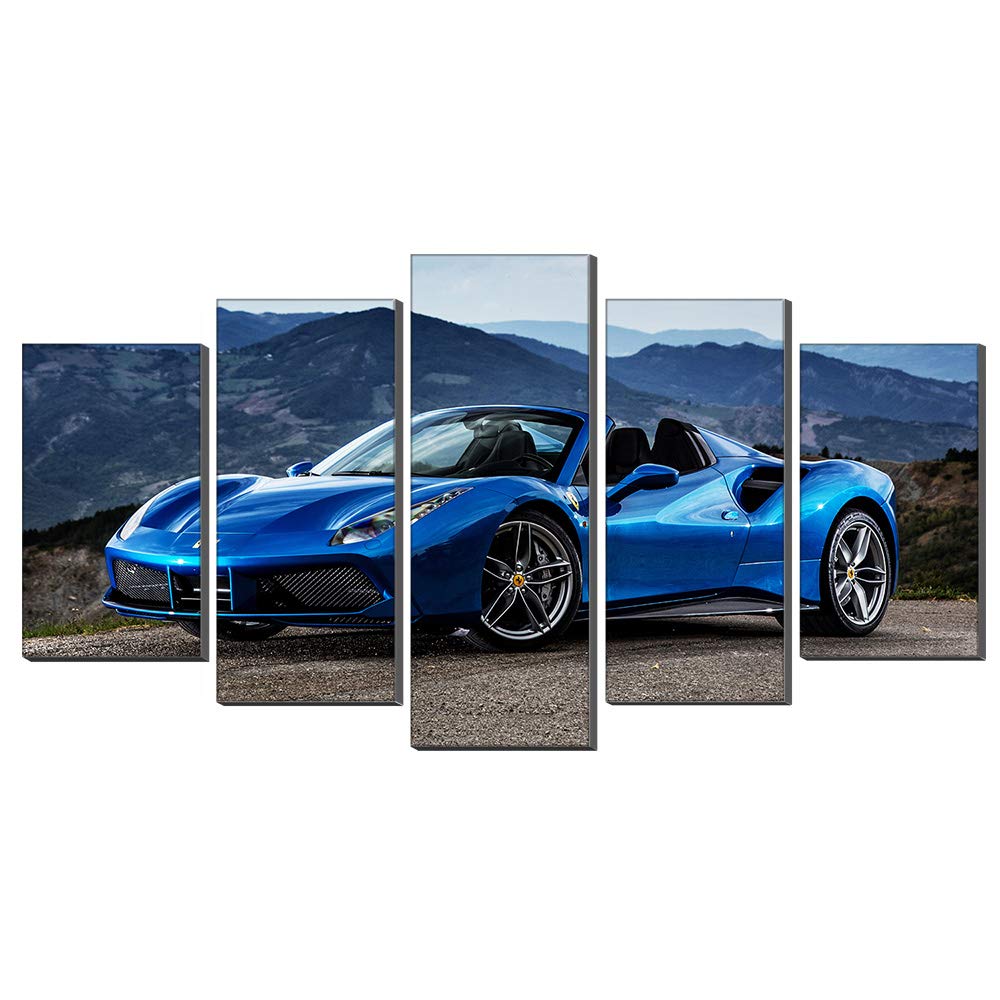 Tableau Ferrari bleu voiture de sport art de mur salon peinture toile 5 panneaux encadré