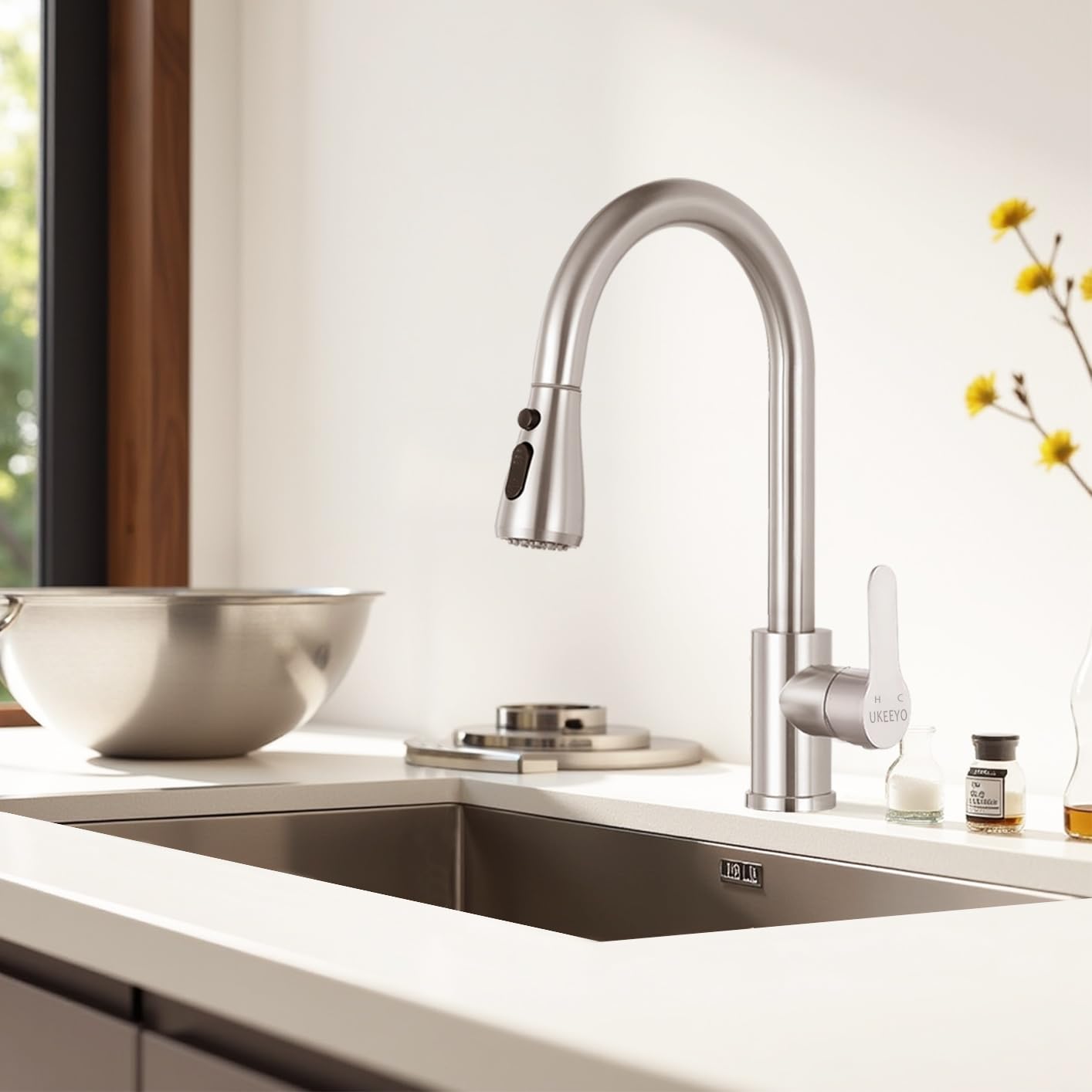 Wasserhahn Küche, Hochdruck Küchenarmatur mit Herausziehbarer Brause Ausziehbar Armatur, Mischbatterie Küche Spültischarmatur Brause 3 Modus, Edelstahl