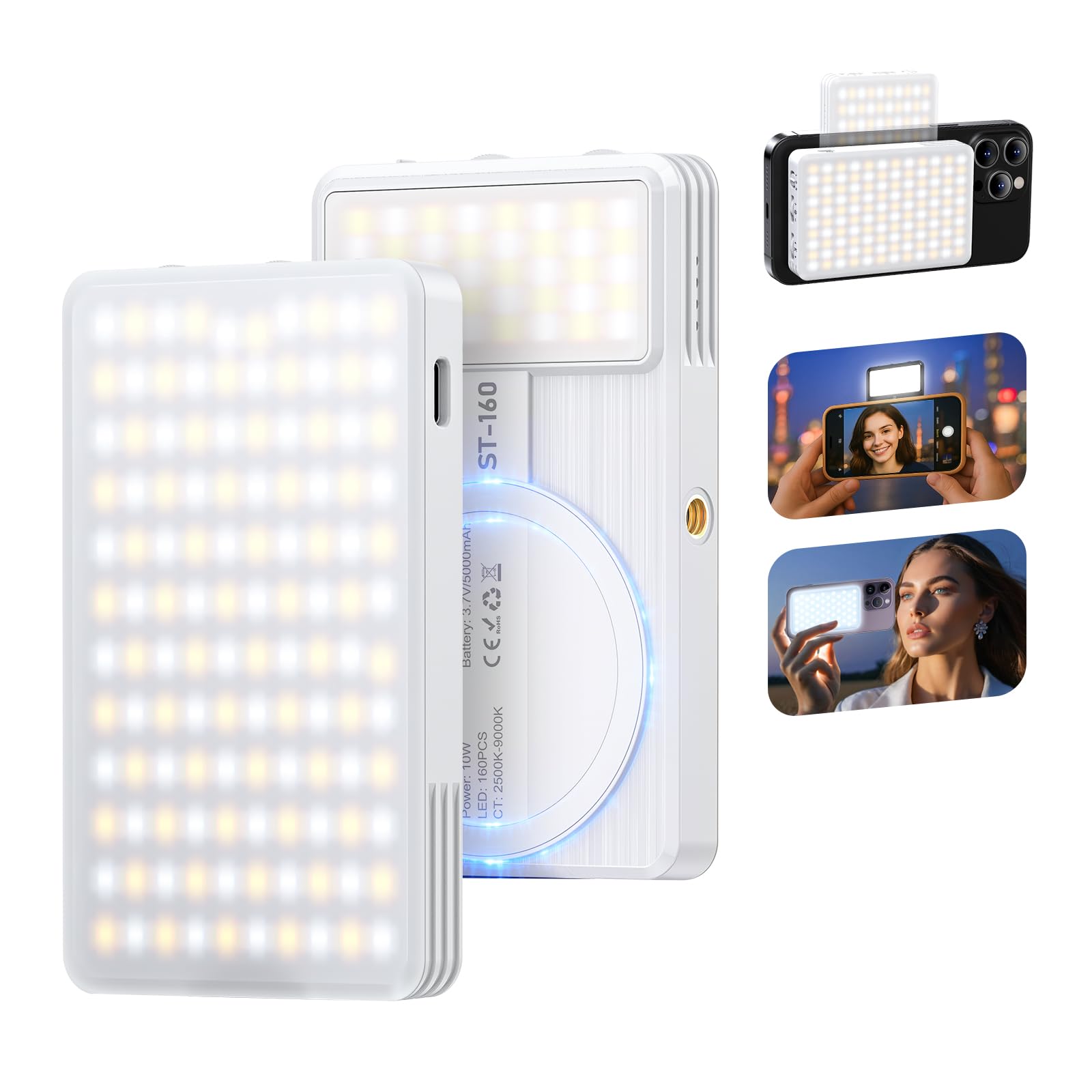 Luz De Selfie MagnéTica, Luz De TeléFono PortáTil para GrabacióN De VíDeo, 160 Led Luz De Selfie MagnéTica De Doble Lado Ajustada 3 Modos De Luz, para Tiktok, Instagram, Vlog, GrabacióN De VíDeo