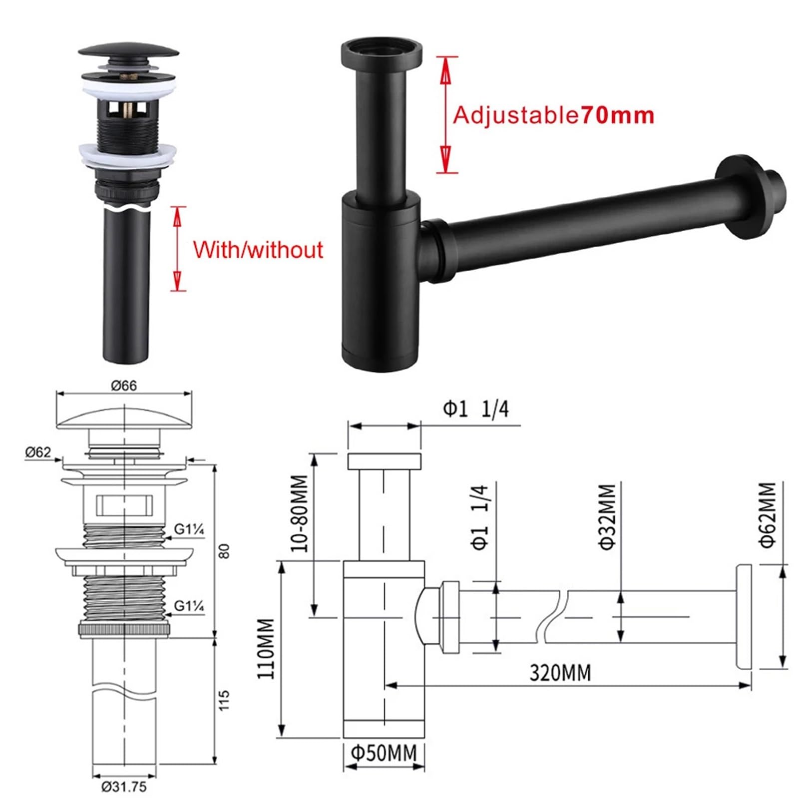 Sifón for lavabo de baño, moderno, con filtro emergente, tapón y sifón negro Para Lavabo De Baño y Lavabo(Fullset Overflow)