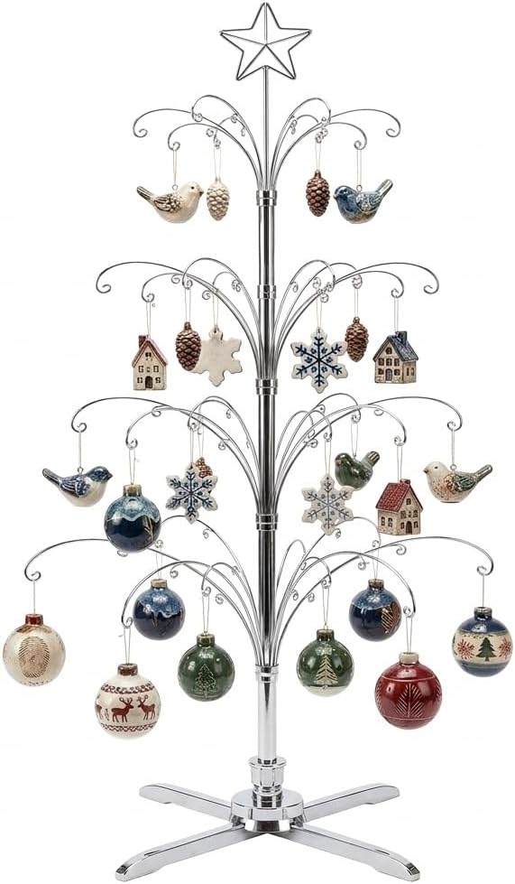 HOHIYA 74″ Rotating Ornament Display Tree 90 Hook Heavy-Duty Metal Ornament Stand Elegant Chrome Silver Indoor Holiday Decor Christmas Tree Alternative Gift idea Taiwan Made
