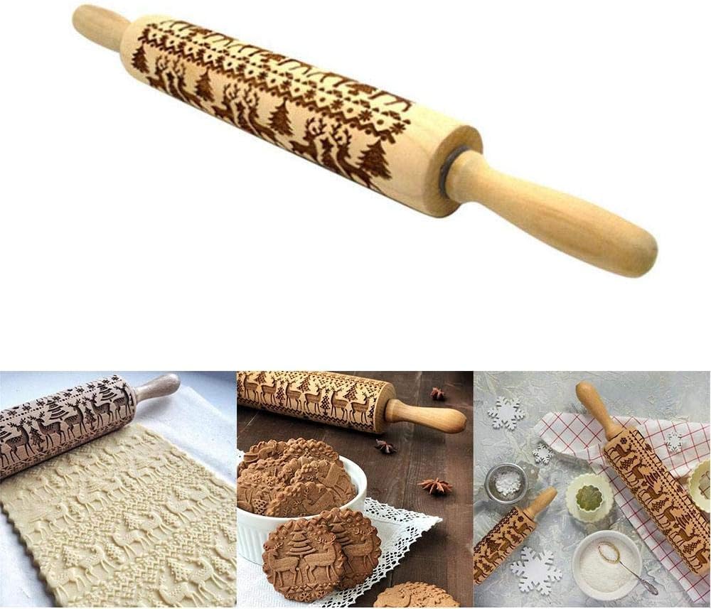 KACOOL Christmas Rolling Pin Engraved Carved Wood Embossed Kitchen Tool, Perfect for Baking with Kids Dough & Fondant Cookies, Crusts, Pies & Pastry Clay Crafts, 35X4.5cm