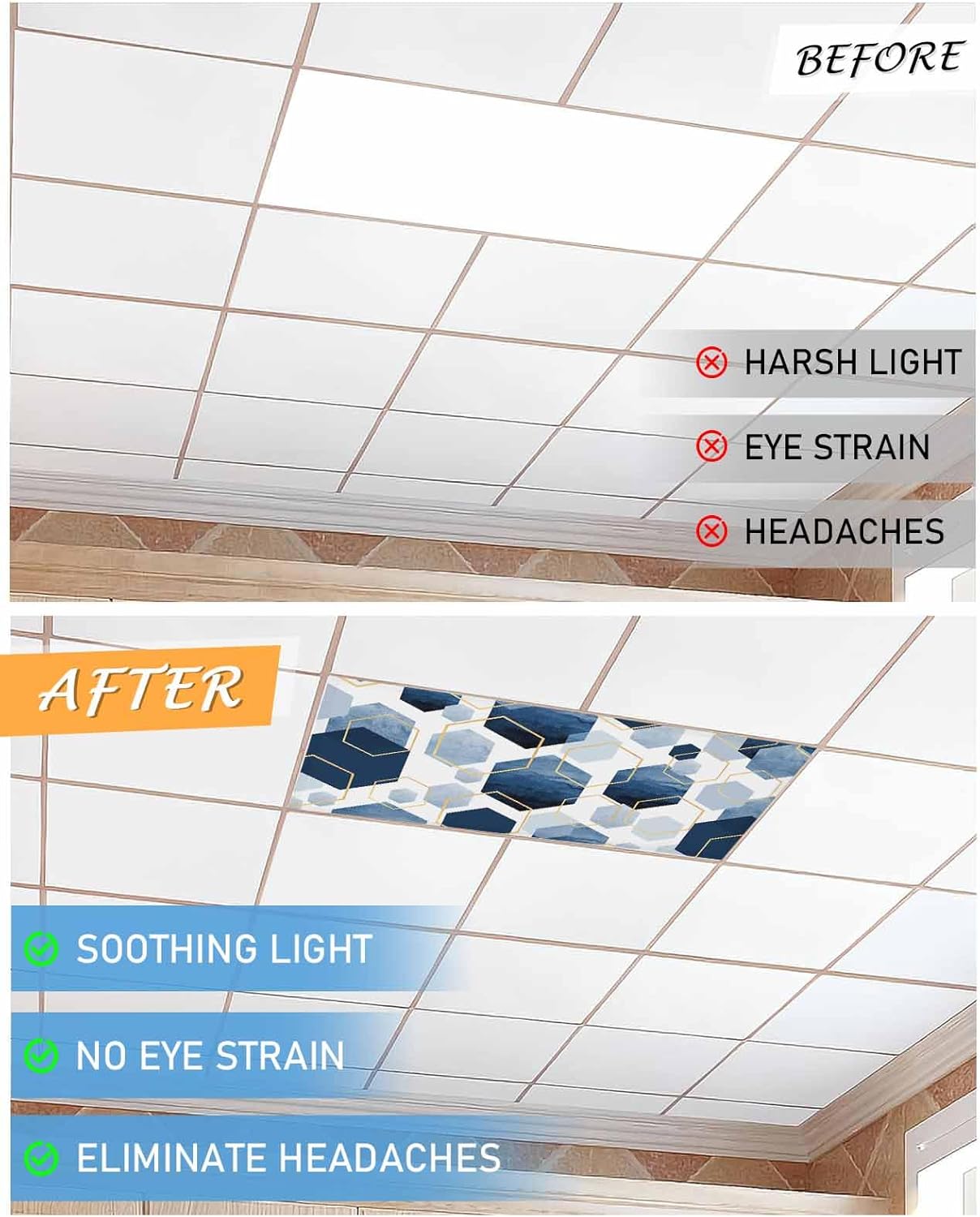 Magnetic Light Cover for Classroom Drop Ceiling,4 Pack 4x2 Ft Modern Navy Blue Color Block Gold Line Art Fluorescent Light Covers for Office Home Ceiling Light Lampshade