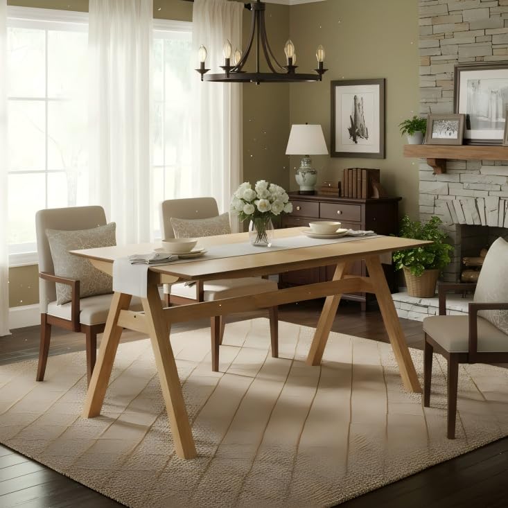 Image of DUOMAY Wooden Dining Table, Square 59 inch Wide Kitchen Table for 4-6 People, Mid Century Rectangular Dinner Table with Trestle Base for Home Restaurant, Original Wood Color