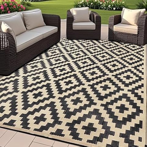 SAND MINE Reversible Mats, Plastic Straw Rug, Modern Area Rug, Large Floor Mat and Rug for Outdoors, RV, Patio, Backyard, Deck, Picnic, Beach, Trailer, Camping, Black & Beige, 6' x 9' Cover