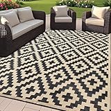 SAND MINE Reversible Mats, Plastic Straw Rug, Modern Area Rug, Large Floor Mat and Rug for Outdoors, RV, Patio, Backyard, Deck, Picnic, Beach, Trailer, Camping, Black & Beige, 6' x 9'