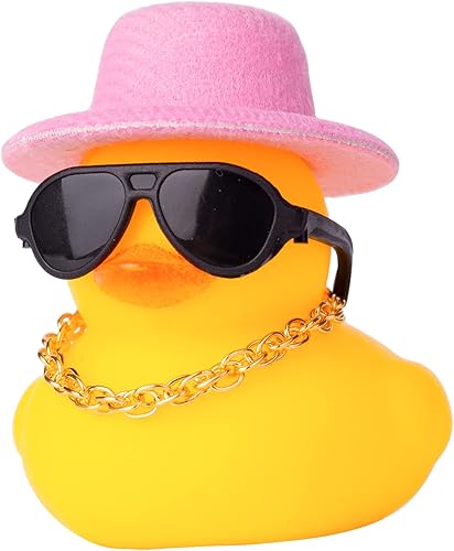 Adornos de pato de goma para tablero de automóvil, decoración de tablero de automóvil, accesorios de decoración con mini sombrero, collar de anillo