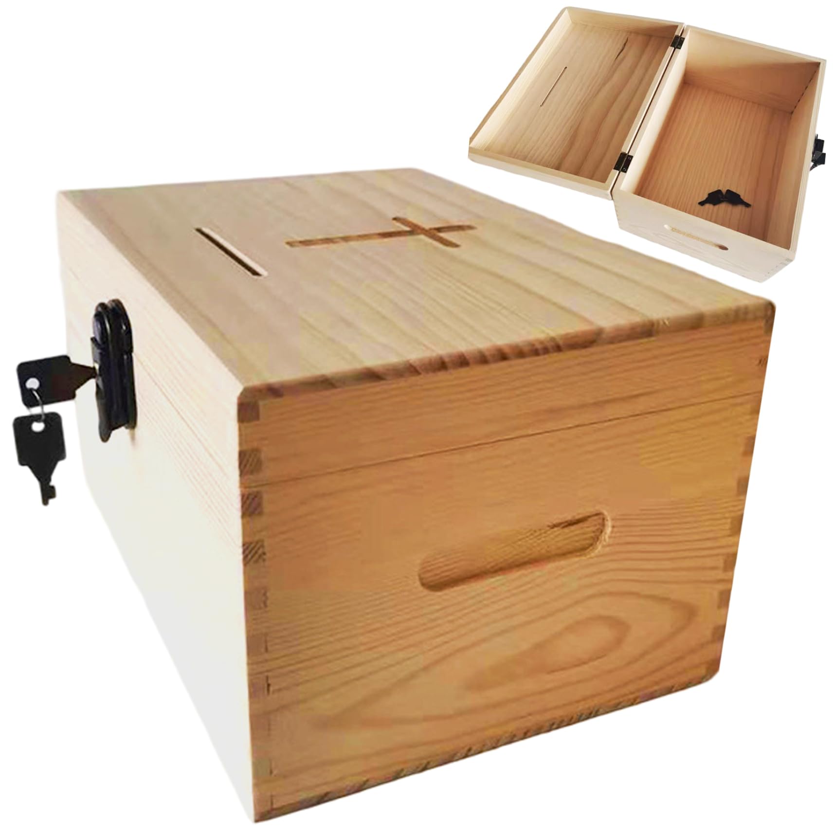 Takingup Prayer Request Box, 11x8x6 Inch Wooden Donation Box with Lock with Cross for Church First Communion Christian Thanksgiving