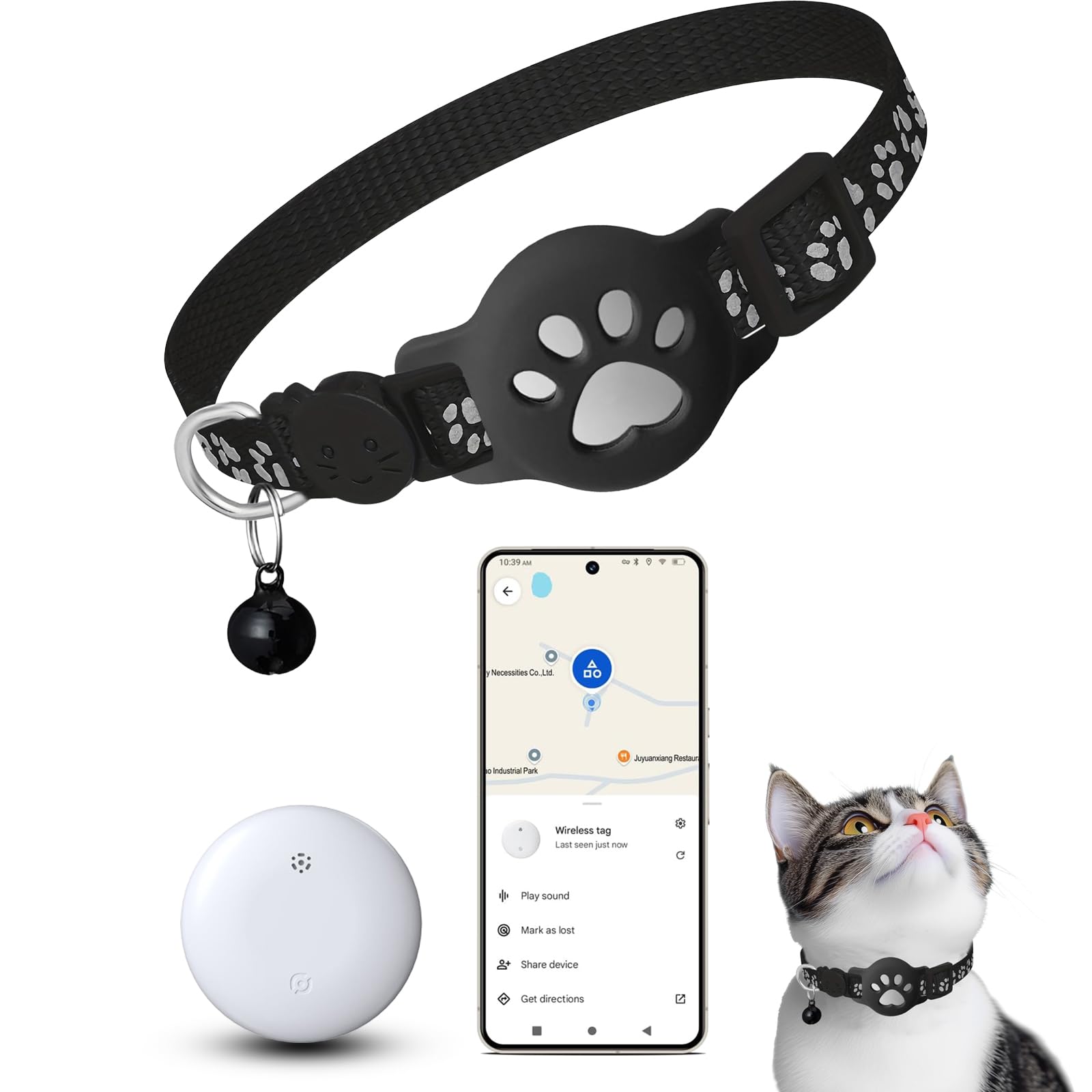 Katzenhalsband für kleine Katze und Hund (iOS & Android), Mini Tracker Katze Ohne ABO, SIM-Karte, Keine monatlichen Gebühren, Echtzeit-Tracking katzentracker (Halsband + Tracker Weiß)