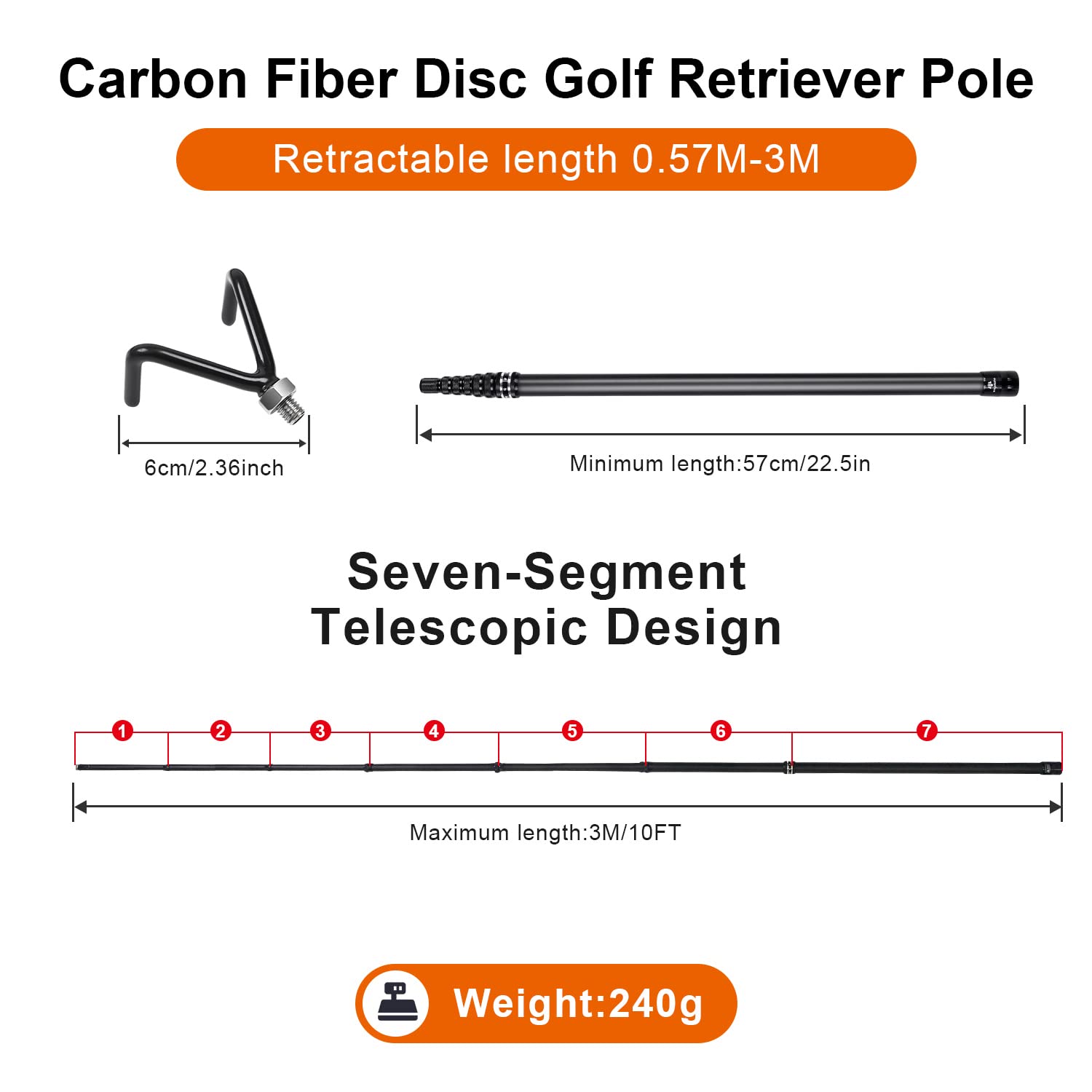 imgokaha Carbon Fiber Disc Golf Retriever Pole Telescoping Disc Golf